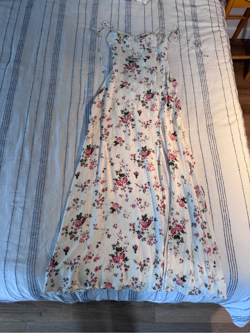 Reformation Floral Tie-Strap Maxi Dress in Cream with Pink Roses